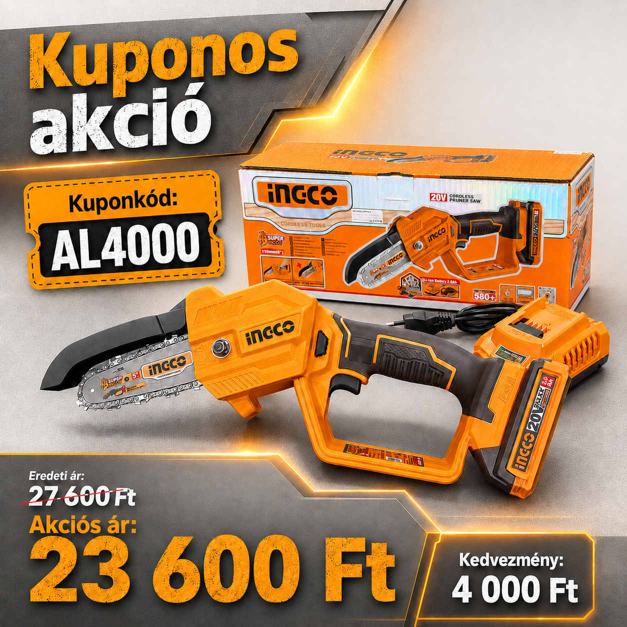 INGCO Akkus láncfűrész 127 mm 20 V (1 x 2,0 Ah akku + töltő)